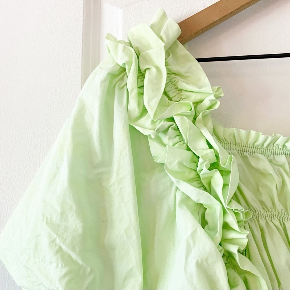 ZARA Lime Green Voluminous Poplin Ruched Crop Top - Picture 2 of 12
